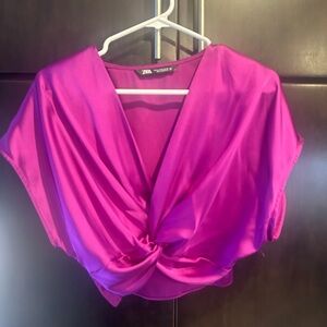 Zara Magenta Purple Twist Front Crop Top V Neck Short Sleeve M